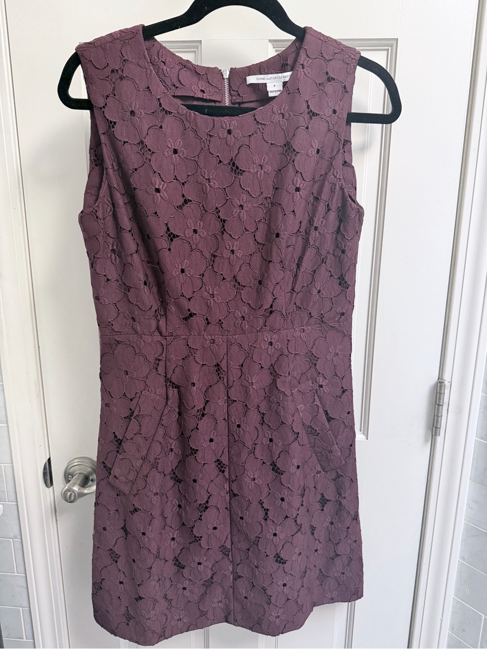 DVF Sleeveless Lace Floral Sheath Dress in Mauve